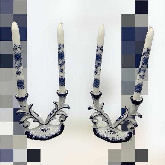 Blue and White Porcelain Double Candlestick, Set of 2, Made in Portugal w/Tapers - Picture 3 of 16
